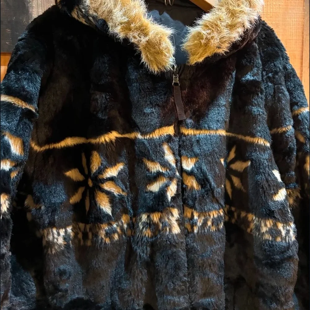 Vintage Faux Fur Coat black Snowflake Jacket - Picture 3 of 5